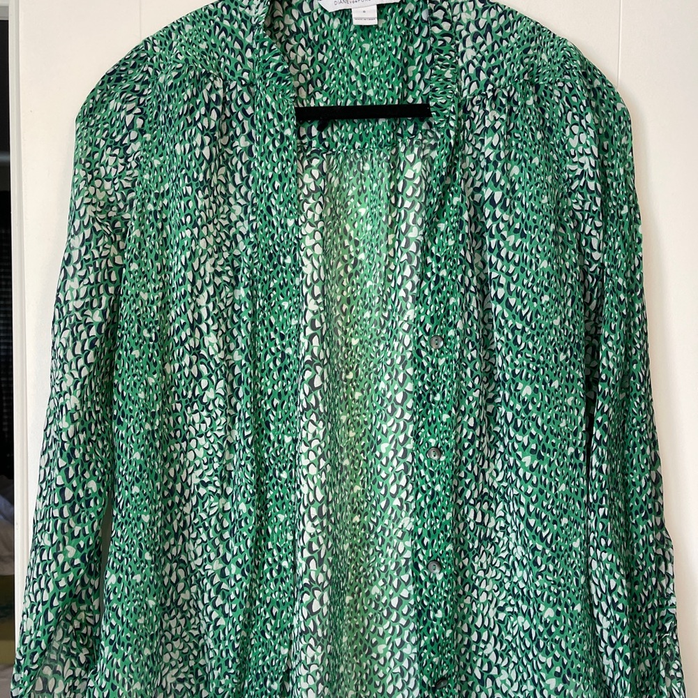 Green/black Diane Von Furstenburg Blouse, Long Sleep, Sheer, Size 8